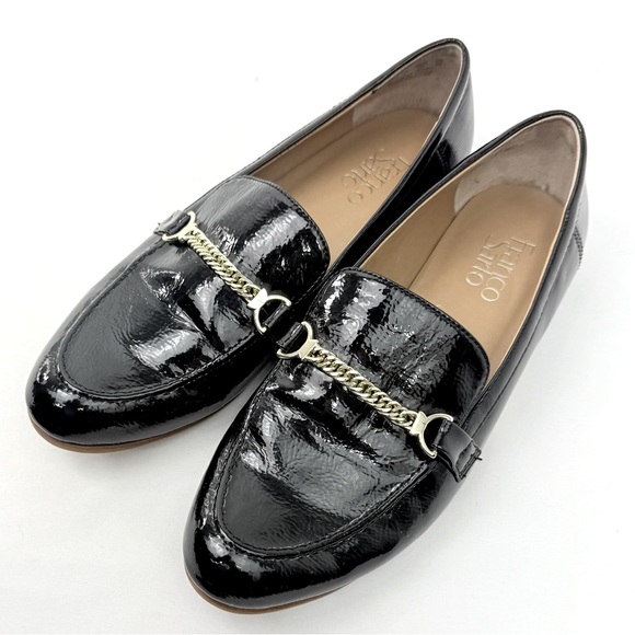 Franco Sarto Persephone Black Patent Leather Gold Chain     Slip On Loafer - Picture 1 of 13